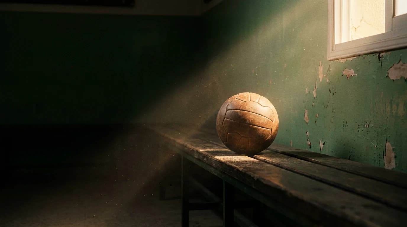 Vintage leather football on a wooden dressing-room bench