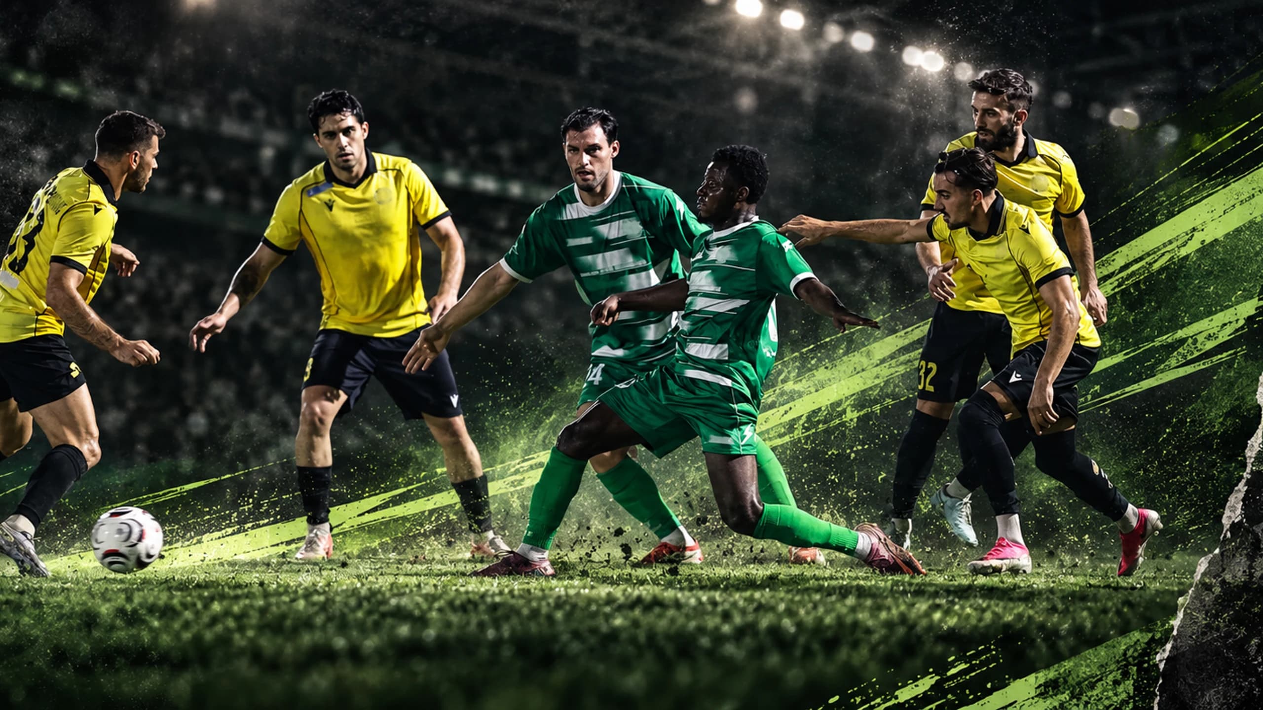 Floodlit football pitch at night in the rain