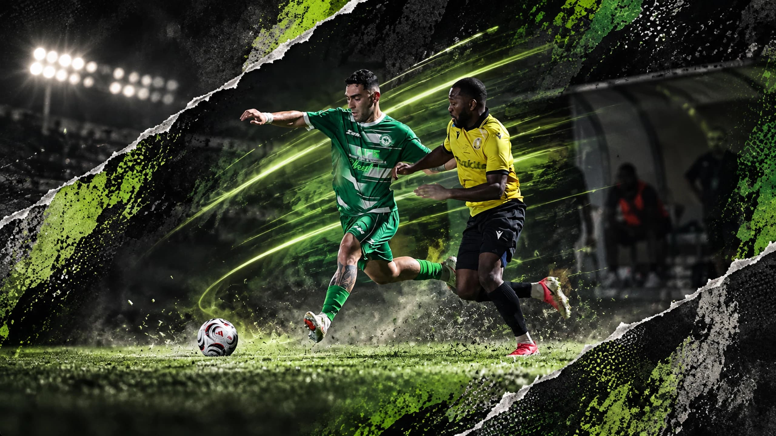 Akritas FC player in a green home kit reflected in a dressing-room mirror