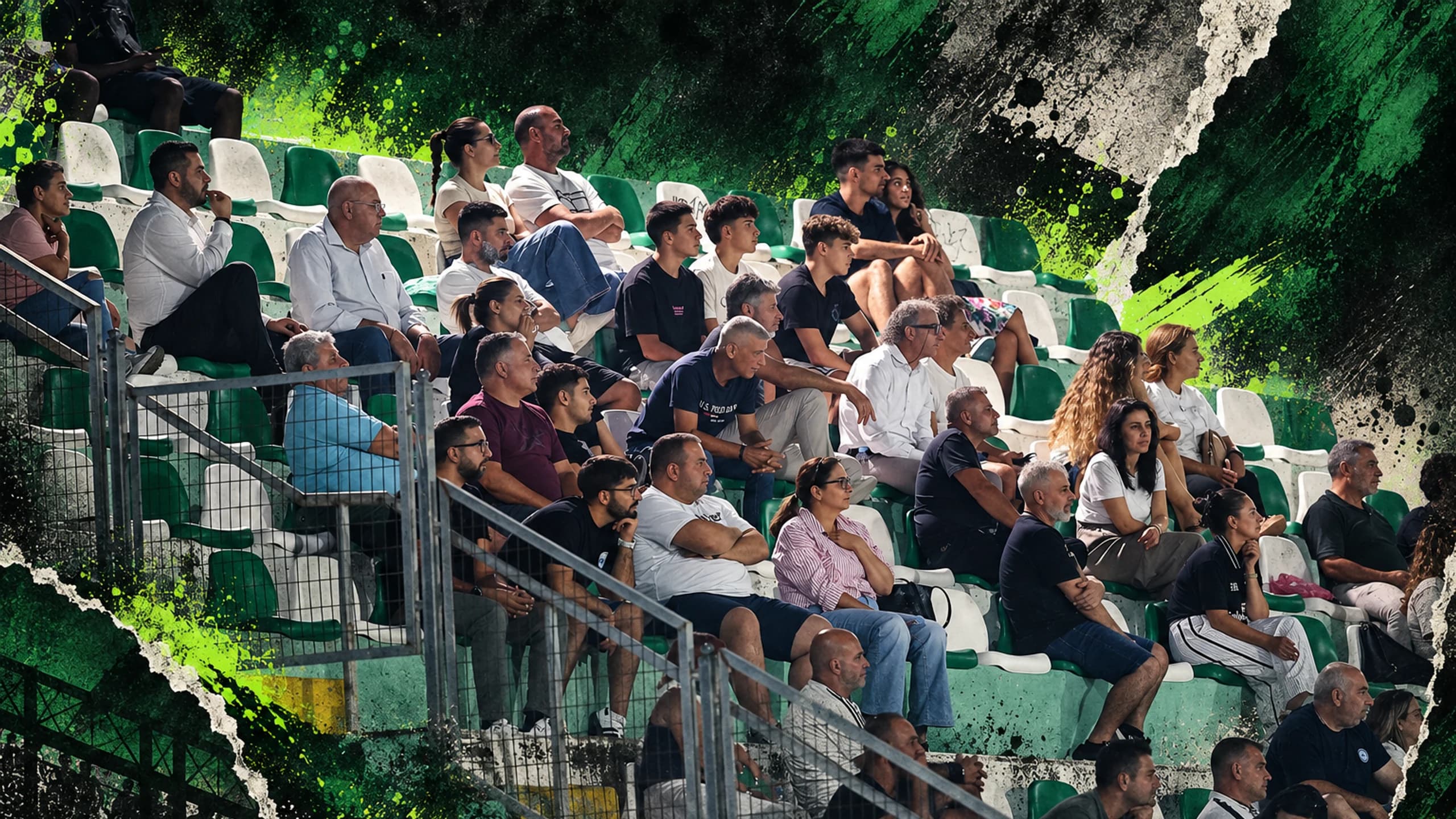 Akritas supporters in the stand beneath an editorial matchday treatment